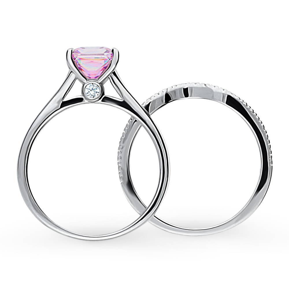 Alternate view of Solitaire Wishbone Purple Princess CZ Ring Set in Sterling Silver, 8 of 13