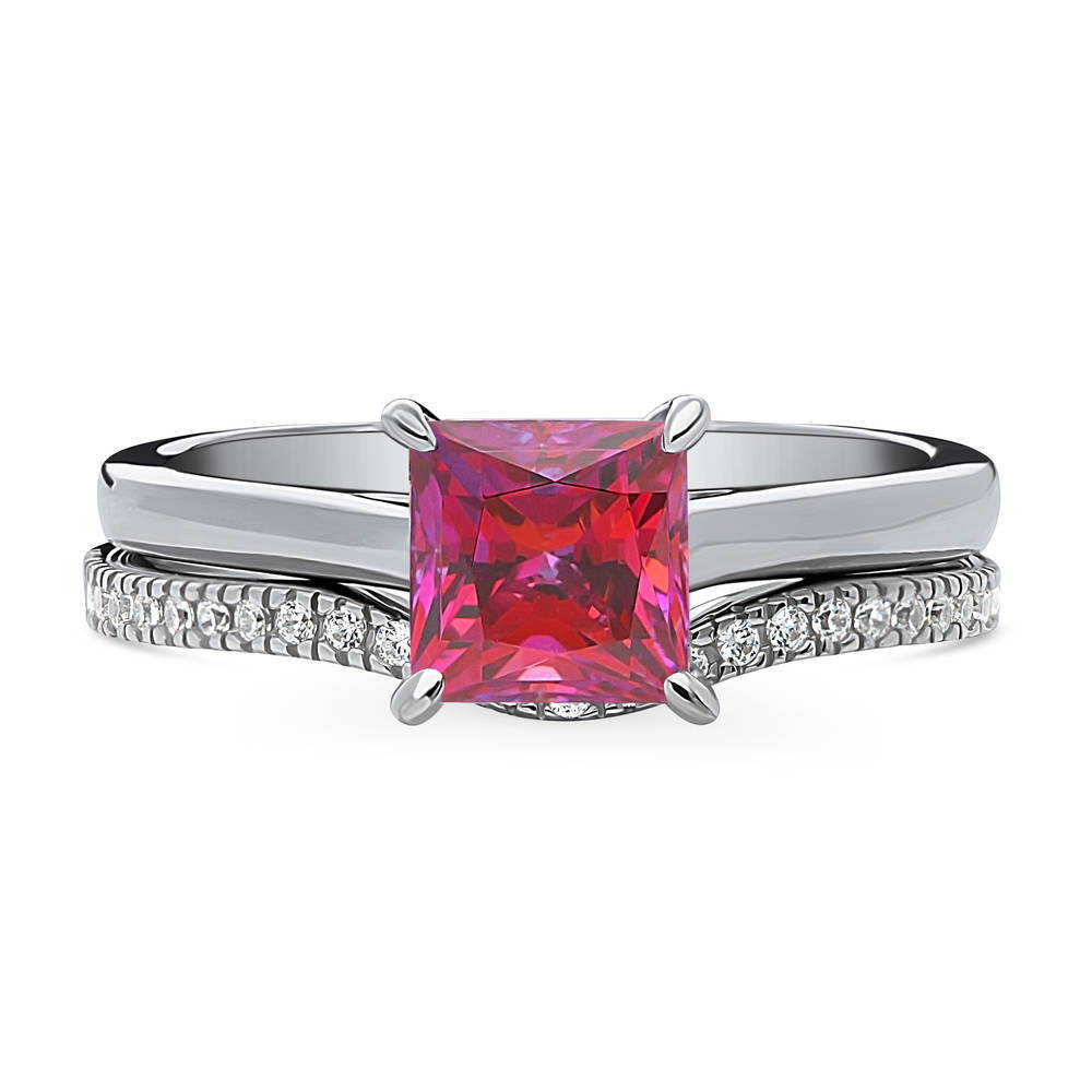 Solitaire Wishbone Red Princess CZ Ring Set in Sterling Silver