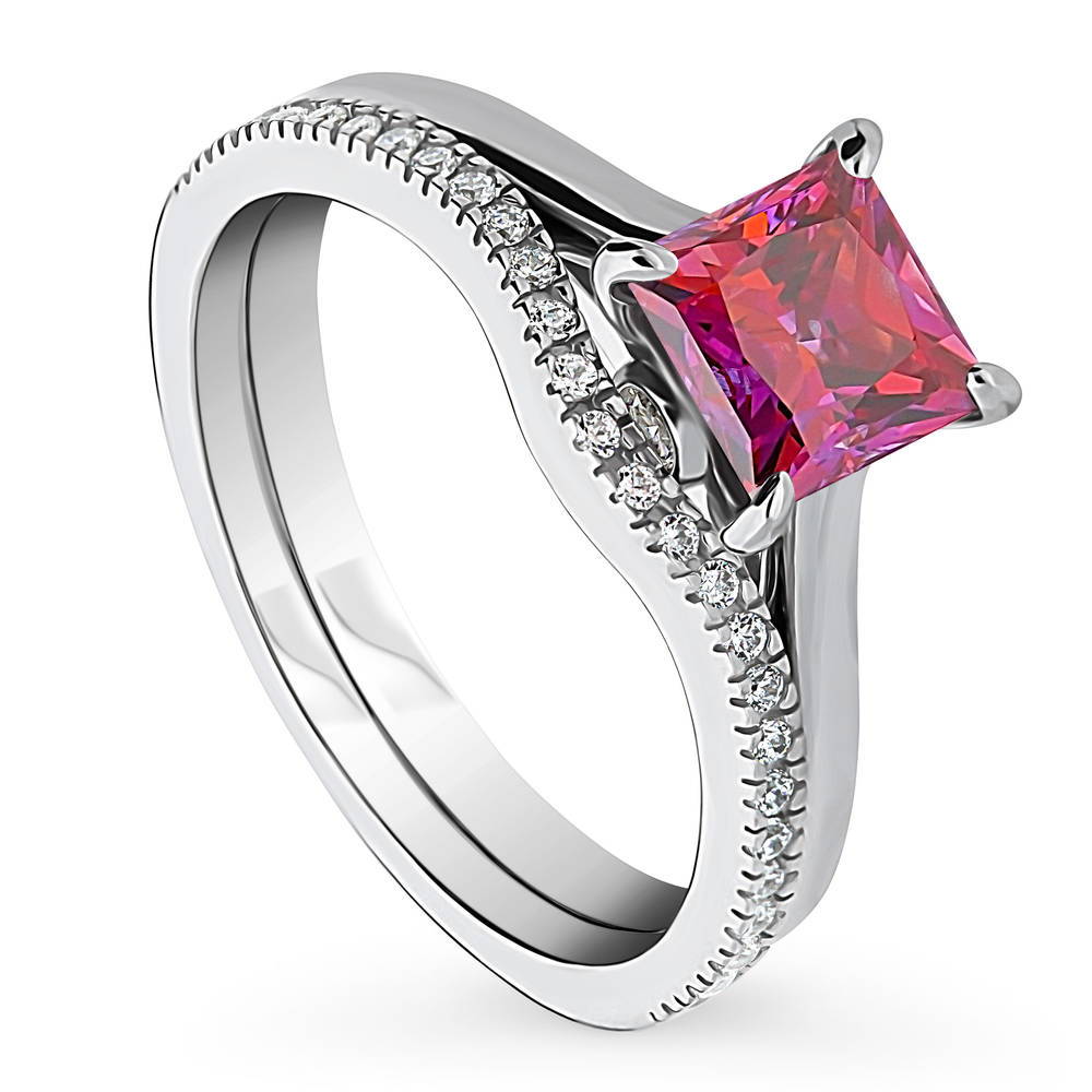 Front view of Solitaire Wishbone Red Princess CZ Ring Set in Sterling Silver, 4 of 17