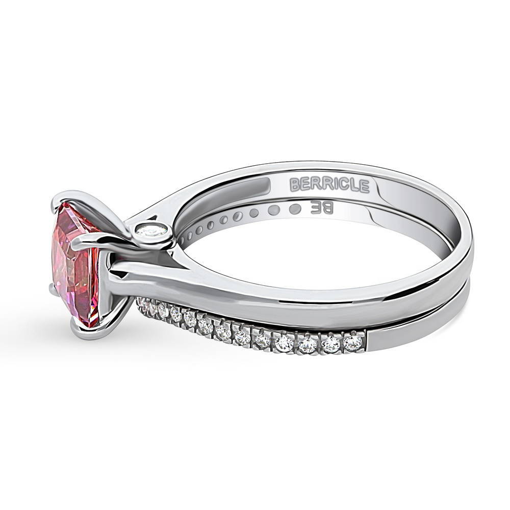 Angle view of Solitaire Wishbone Red Princess CZ Ring Set in Sterling Silver, 5 of 17