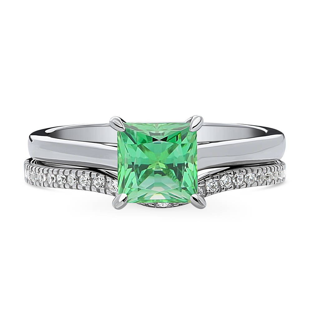 Solitaire Wishbone Green Princess CZ Ring Set in Sterling Silver, 1 of 12