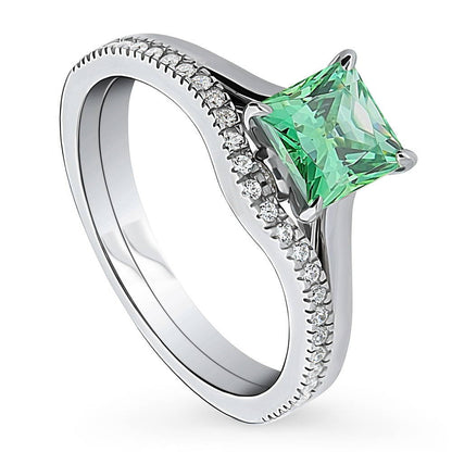 Solitaire Wishbone Green Princess CZ Ring Set in Sterling Silver
