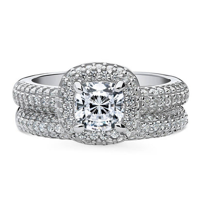 Halo Cushion CZ Ring Set in Sterling Silver