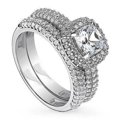 Halo Cushion CZ Ring Set in Sterling Silver