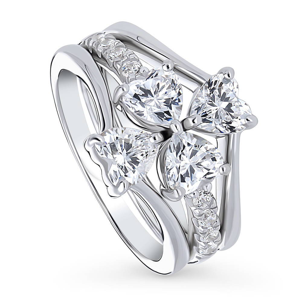 Front view of Solitaire Bow Tie Heart Heart CZ Ring Set in Sterling Silver, 4 of 13