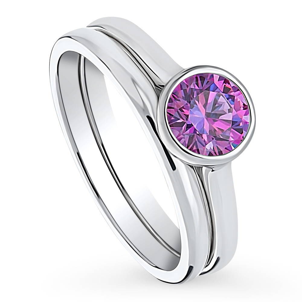 Front view of Solitaire 0.8ct Purple Bezel Set Round CZ Ring Set in Sterling Silver, 3 of 10