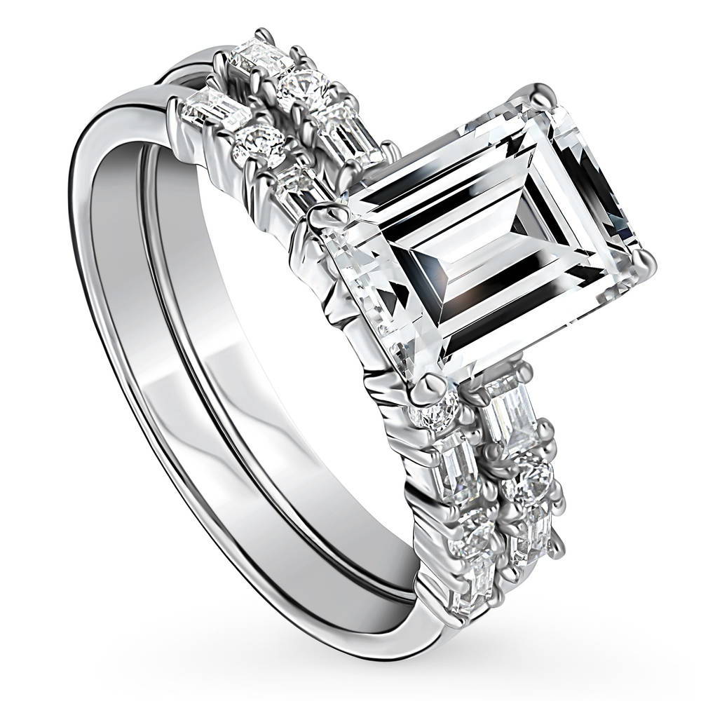 Front view of Solitaire Art Deco 2.1ct Emerald Cut CZ Ring Set in Sterling Silver, 3 of 18