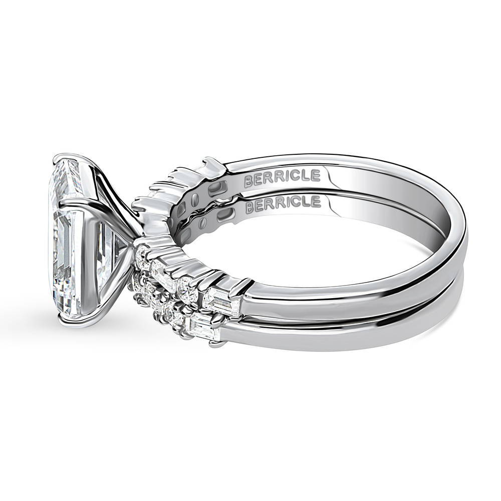 Angle view of Solitaire Art Deco Emerald Cut CZ Ring Set in Sterling Silver, 5 of 19