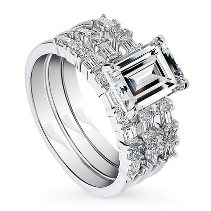 Solitaire Art Deco Emerald Cut CZ Ring Set in Sterling Silver