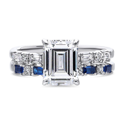 Solitaire Art Deco Emerald Cut CZ Ring Set in Sterling Silver