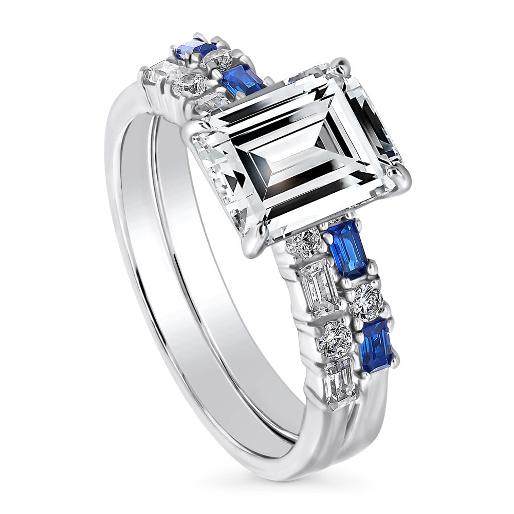 Front view of Solitaire Art Deco Emerald Cut CZ Ring Set in Sterling Silver, 4 of 12