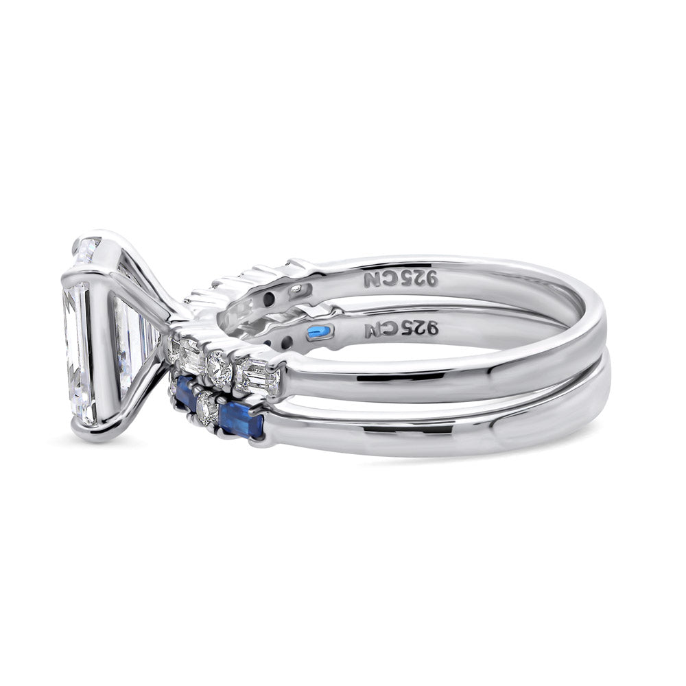 Angle view of Solitaire Art Deco Emerald Cut CZ Ring Set in Sterling Silver, 5 of 12