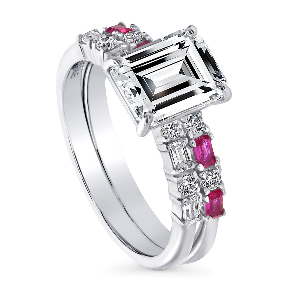 Front view of Solitaire Art Deco Emerald Cut CZ Ring Set in Sterling Silver, 4 of 13