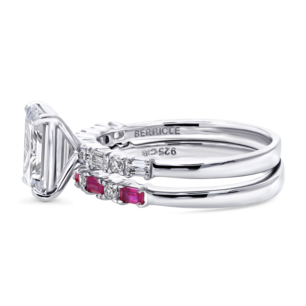 Angle view of Solitaire Art Deco Emerald Cut CZ Ring Set in Sterling Silver, 5 of 13