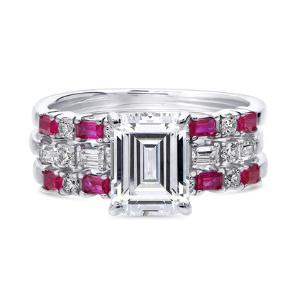 Solitaire Art Deco Emerald Cut CZ Ring Set in Sterling Silver