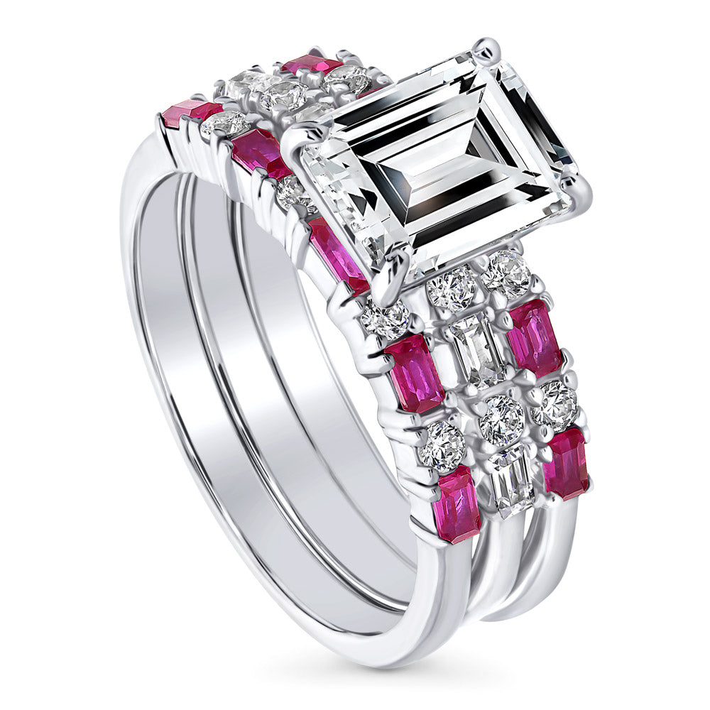 Front view of Solitaire Art Deco 2.1ct Emerald Cut CZ Ring Set in Sterling Silver, 4 of 13