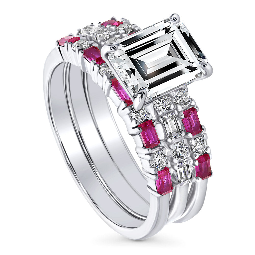 Front view of Solitaire Art Deco Emerald Cut CZ Ring Set in Sterling Silver, 4 of 13