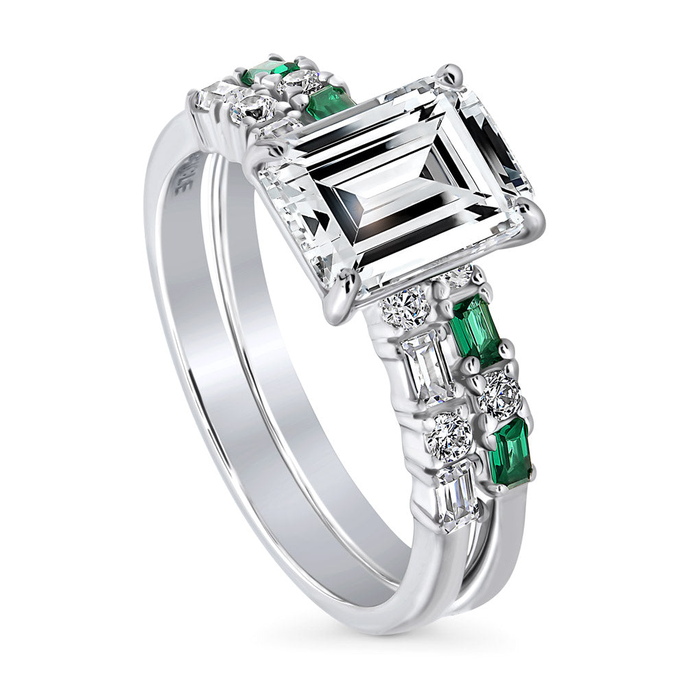 Silver Solitaire Art Deco Emerald Cut CZ Engagement Ring Set