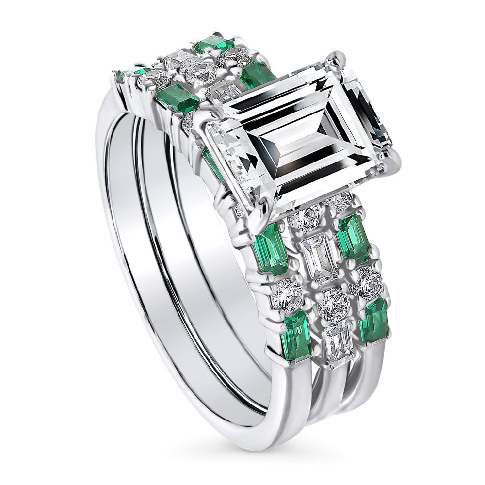 Front view of Solitaire Art Deco Emerald Cut CZ Ring Set in Sterling Silver, 4 of 13