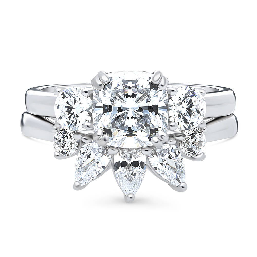 3-Stone 5-Stone Wishbone Cushion CZ Ring Set in Sterling Silver, 1 of 20