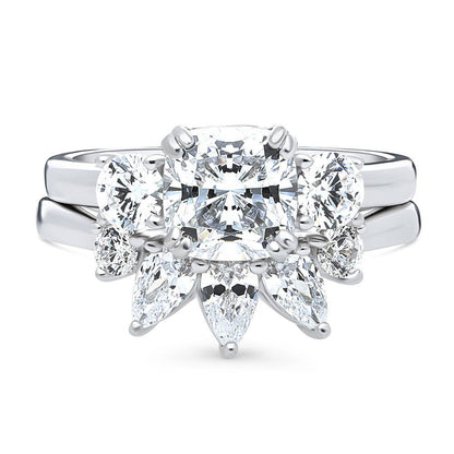 3-Stone 5-Stone Wishbone Cushion CZ Ring Set in Sterling Silver