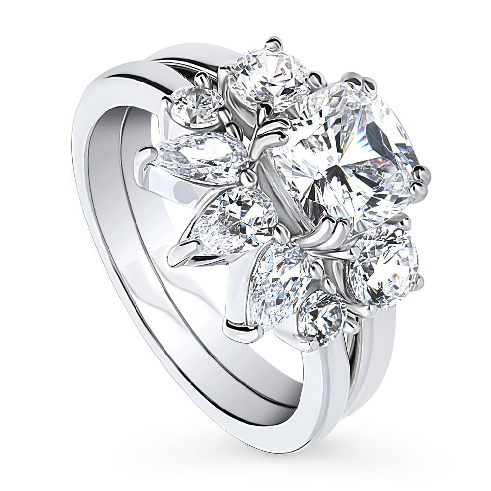 Front view of 3-Stone 5-Stone Wishbone Cushion CZ Ring Set in Sterling Silver, 4 of 20