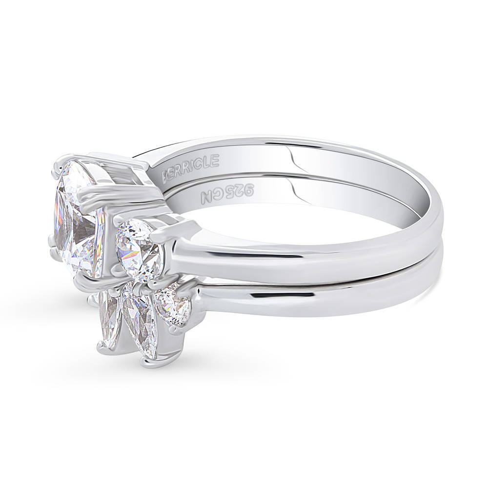 Angle view of 3-Stone 5-Stone Wishbone Cushion CZ Ring Set in Sterling Silver, 5 of 20