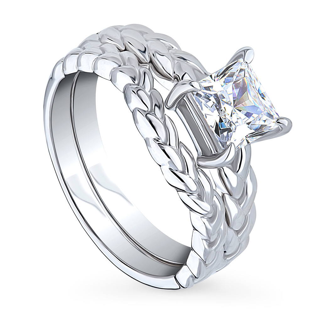 Front view of Solitaire Woven 1.2ct Princess CZ Ring Set in Sterling Silver, 4 of 17
