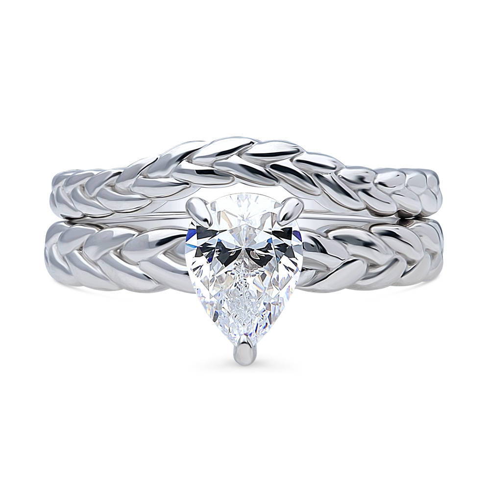Solitaire Woven 1ct Pear CZ Ring Set in Sterling Silver, 1 of 13