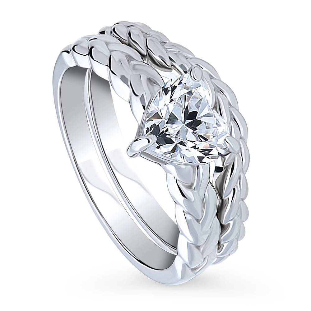 Front view of Heart Solitaire CZ Ring Set in Sterling Silver, 4 of 13