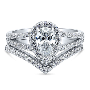 Halo Pear CZ Split Shank Ring Set in Sterling Silver