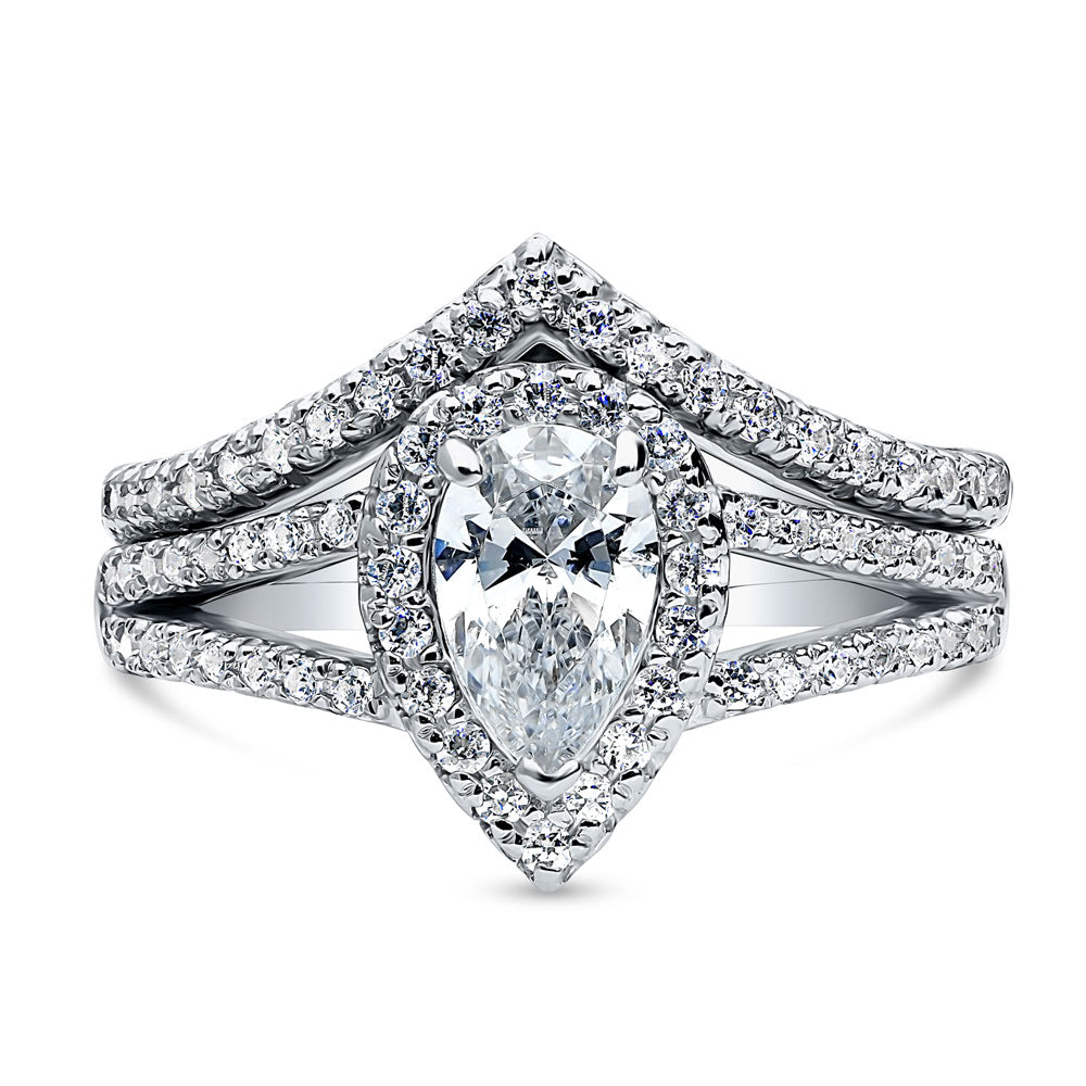 Angle view of Halo Wishbone Pear CZ Split Shank Ring Set in Sterling Silver, 5 of 18