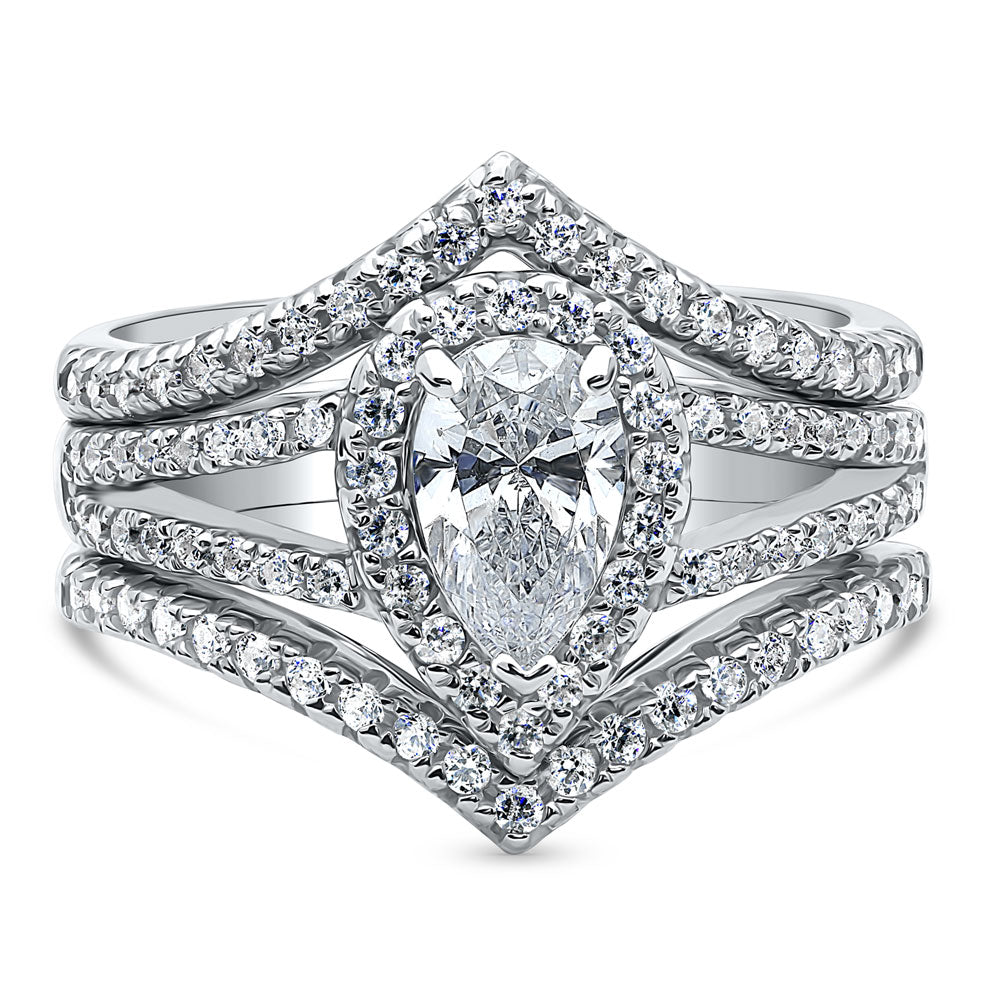 Halo Wishbone Pear CZ Split Shank Ring Set in Sterling Silver