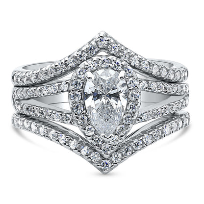 Halo Wishbone Pear CZ Split Shank Ring Set in Sterling Silver