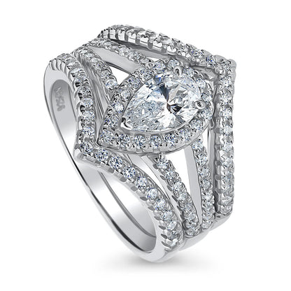 Halo Wishbone Pear CZ Split Shank Ring Set in Sterling Silver