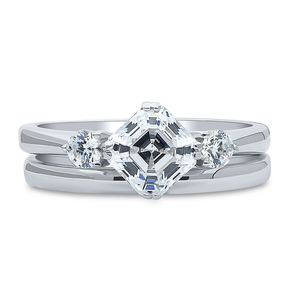3-Stone Asscher CZ Ring Set in Sterling Silver, 1 of 11