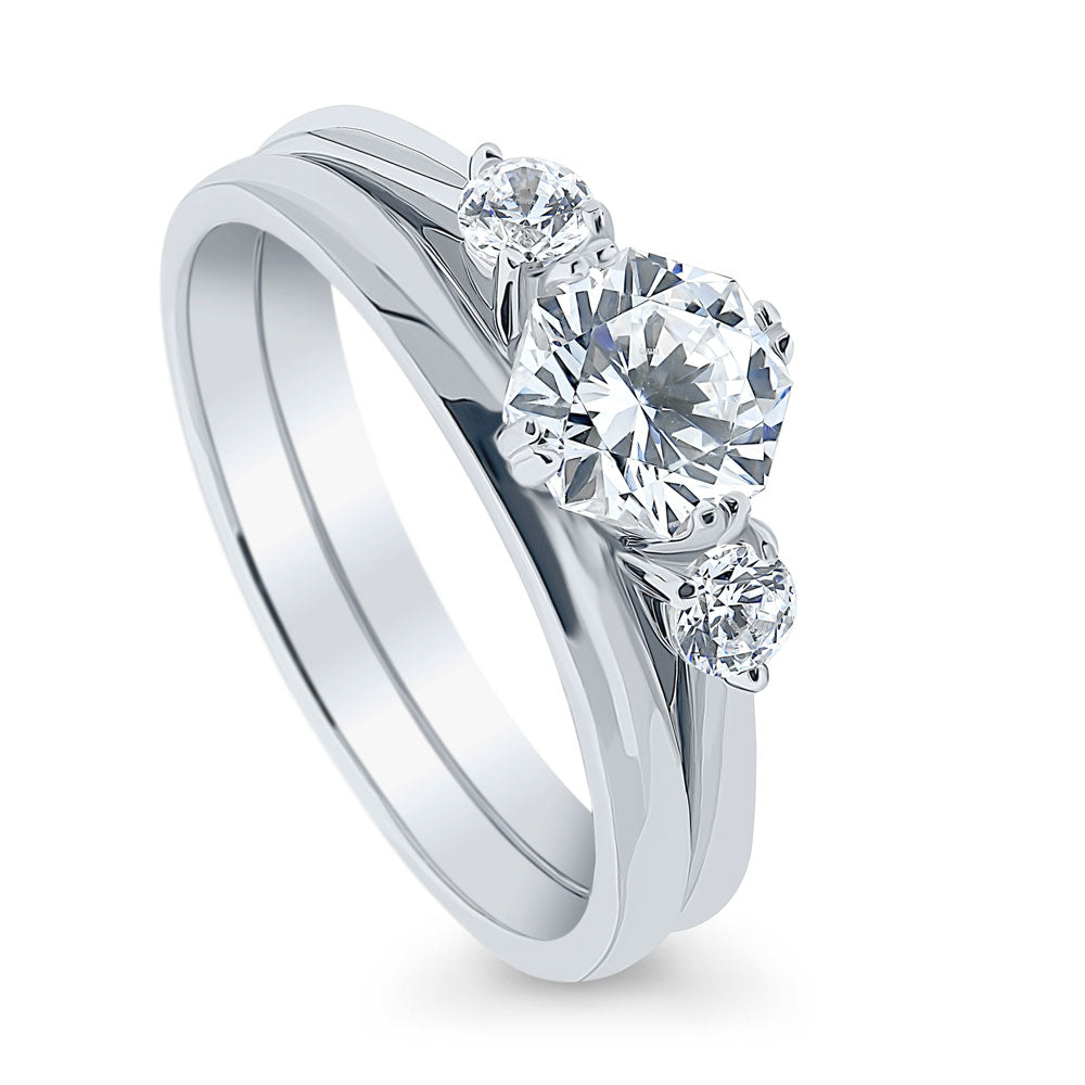 Front view of 3-Stone 1.25ct Octagon Sun Cut CZ Ring Set in Sterling Silver, 4 of 11