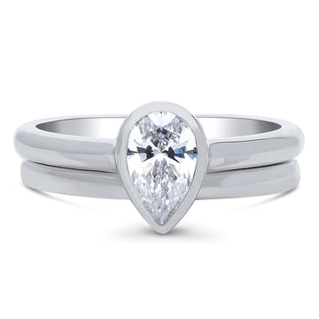 Solitaire 0.8ct Bezel Set Pear CZ Ring Set in Sterling Silver