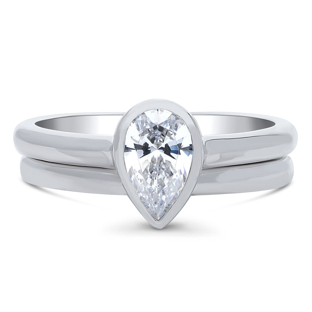 Solitaire 0.8ct Bezel Set Pear CZ Ring Set in Sterling Silver, 1 of 14
