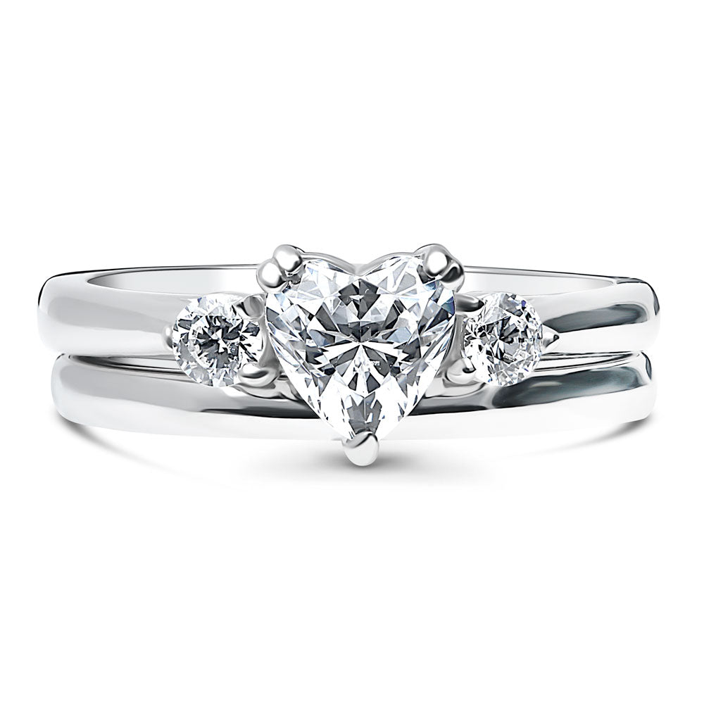 3-Stone Heart CZ Ring Set in Sterling Silver, 1 of 10