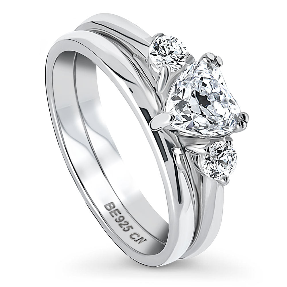 Front view of 3-Stone Heart CZ Ring Set in Sterling Silver, 3 of 9