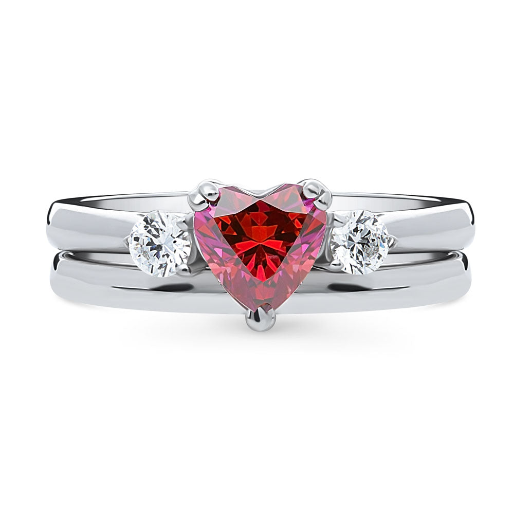 3-Stone Heart Red CZ Ring Set in Sterling Silver