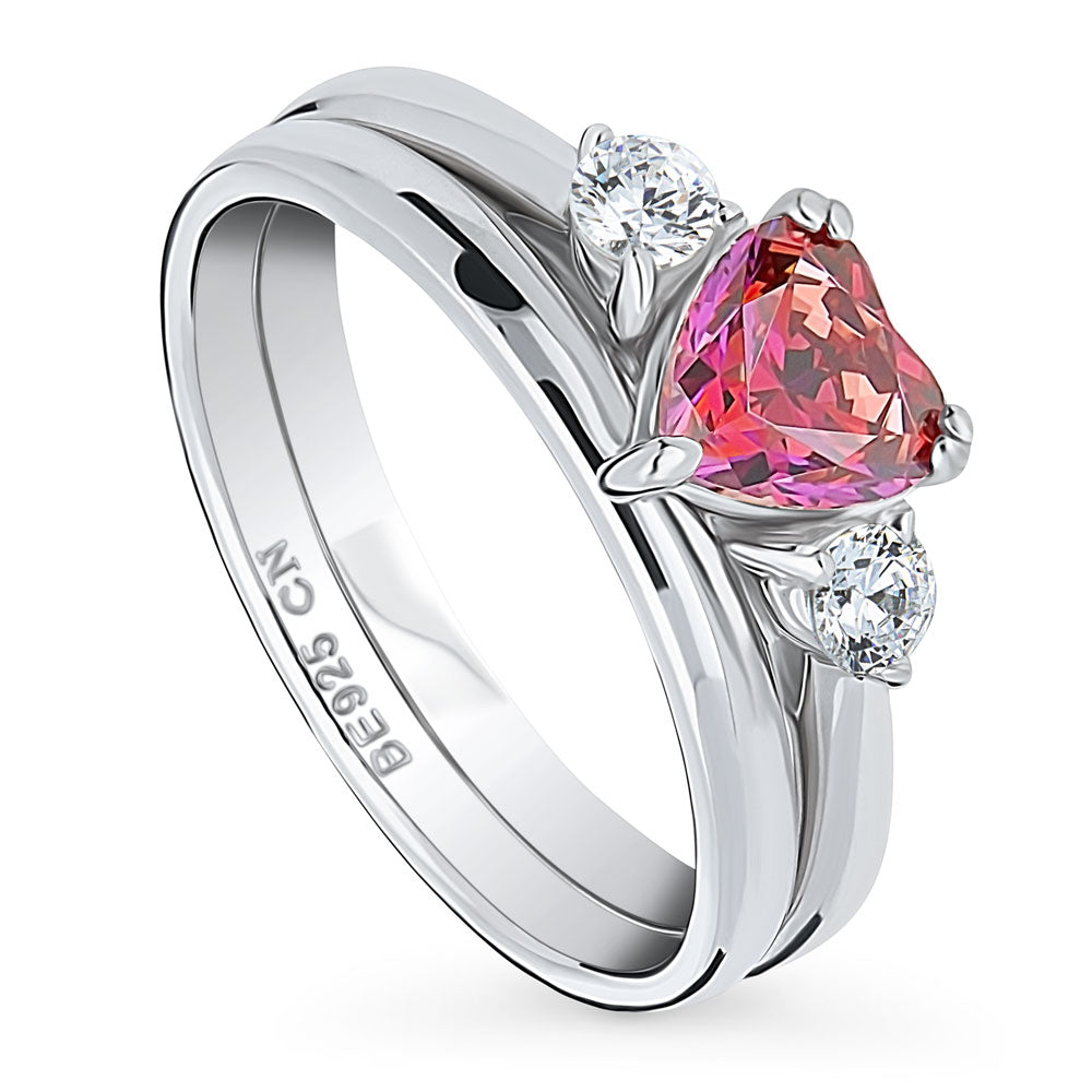 Front view of 3-Stone Heart Red CZ Ring Set in Sterling Silver, 3 of 17