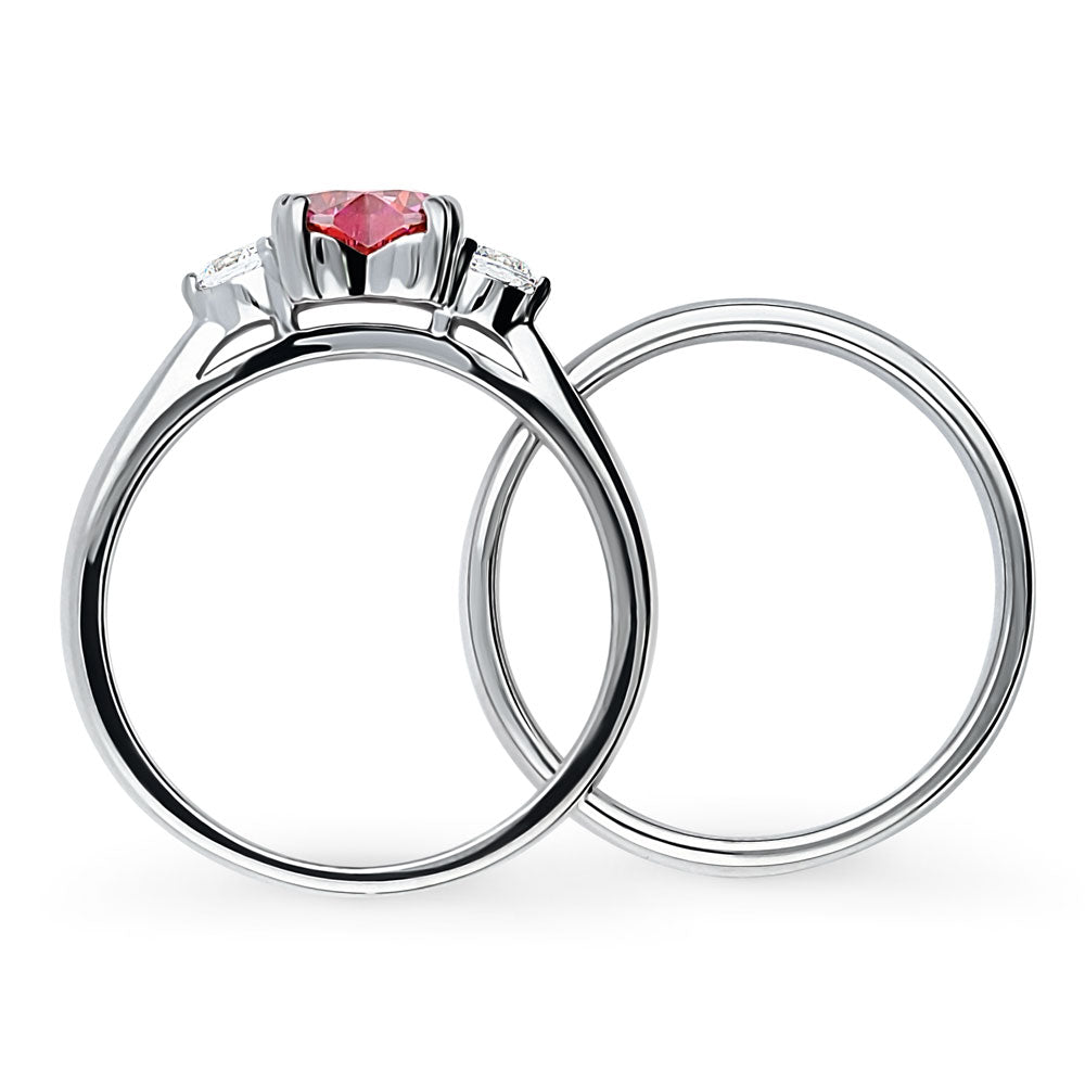 Alternate view of 3-Stone Heart 0.7ct Red Heart CZ Ring Set in Sterling Silver, 8 of 18