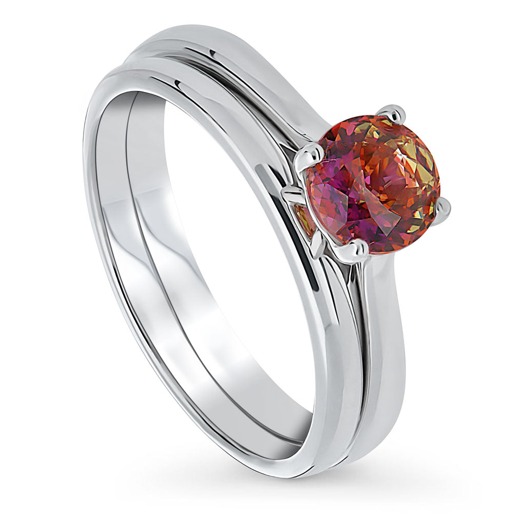 Front view of Solitaire Kaleidoscope Red Orange CZ Ring Set in Sterling Silver, 2 of 12
