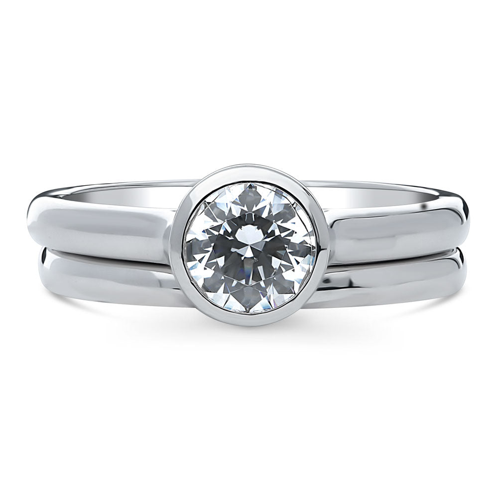 Solitaire 0.8ct Bezel Set Round CZ Ring Set in Sterling Silver