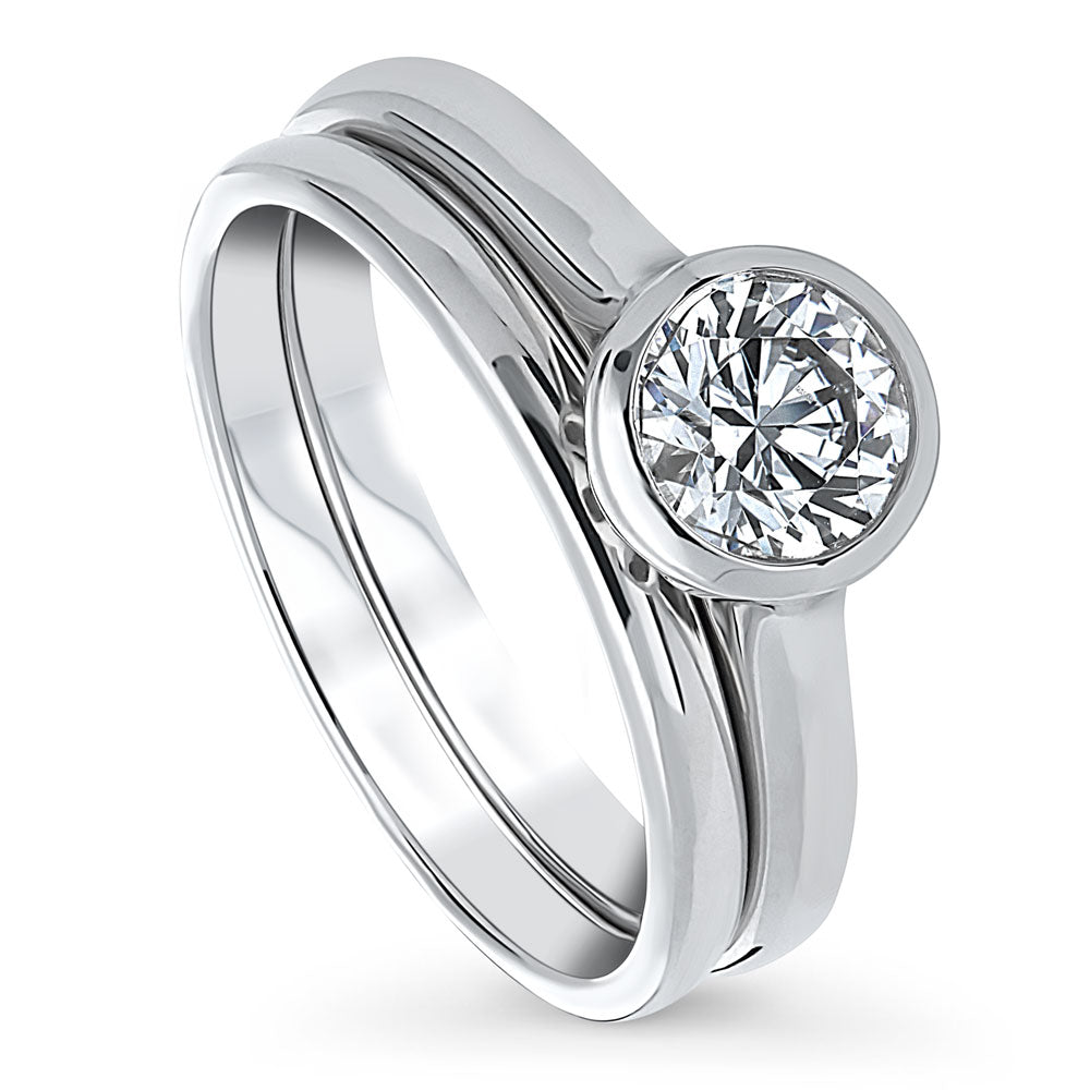 Solitaire 0.8ct Bezel Set Round CZ Ring Set in Sterling Silver