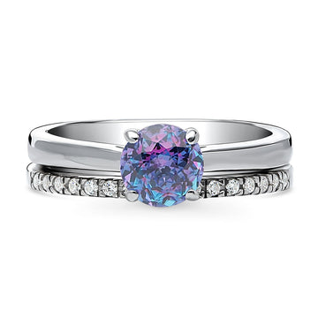 Kaleidoscope Solitaire Purple Aqua CZ Ring Set in Sterling Silver