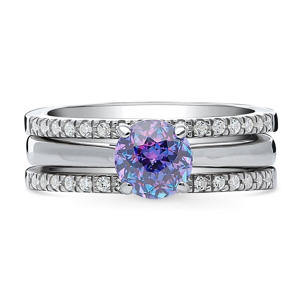 Kaleidoscope Solitaire Purple Aqua CZ Ring Set in Sterling Silver