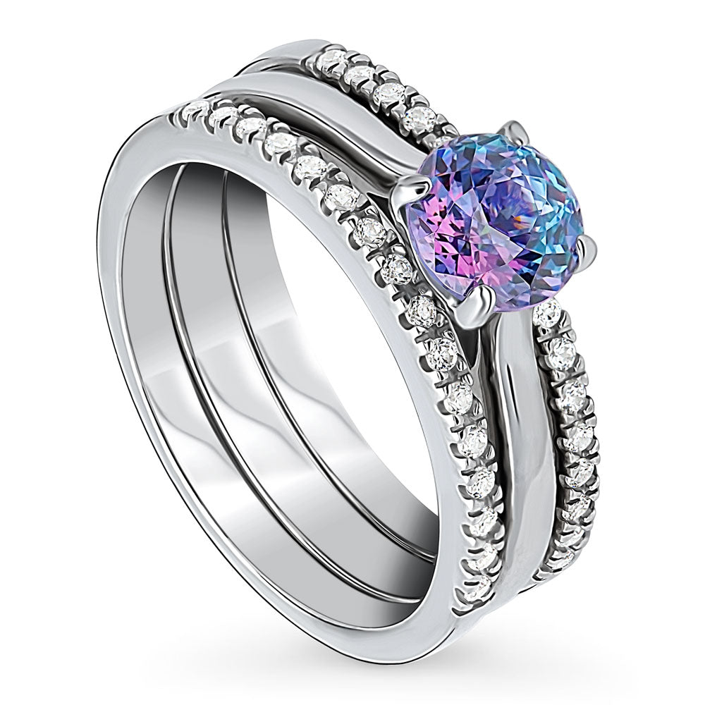 Kaleidoscope Solitaire Purple Aqua CZ Ring Set in Sterling Silver